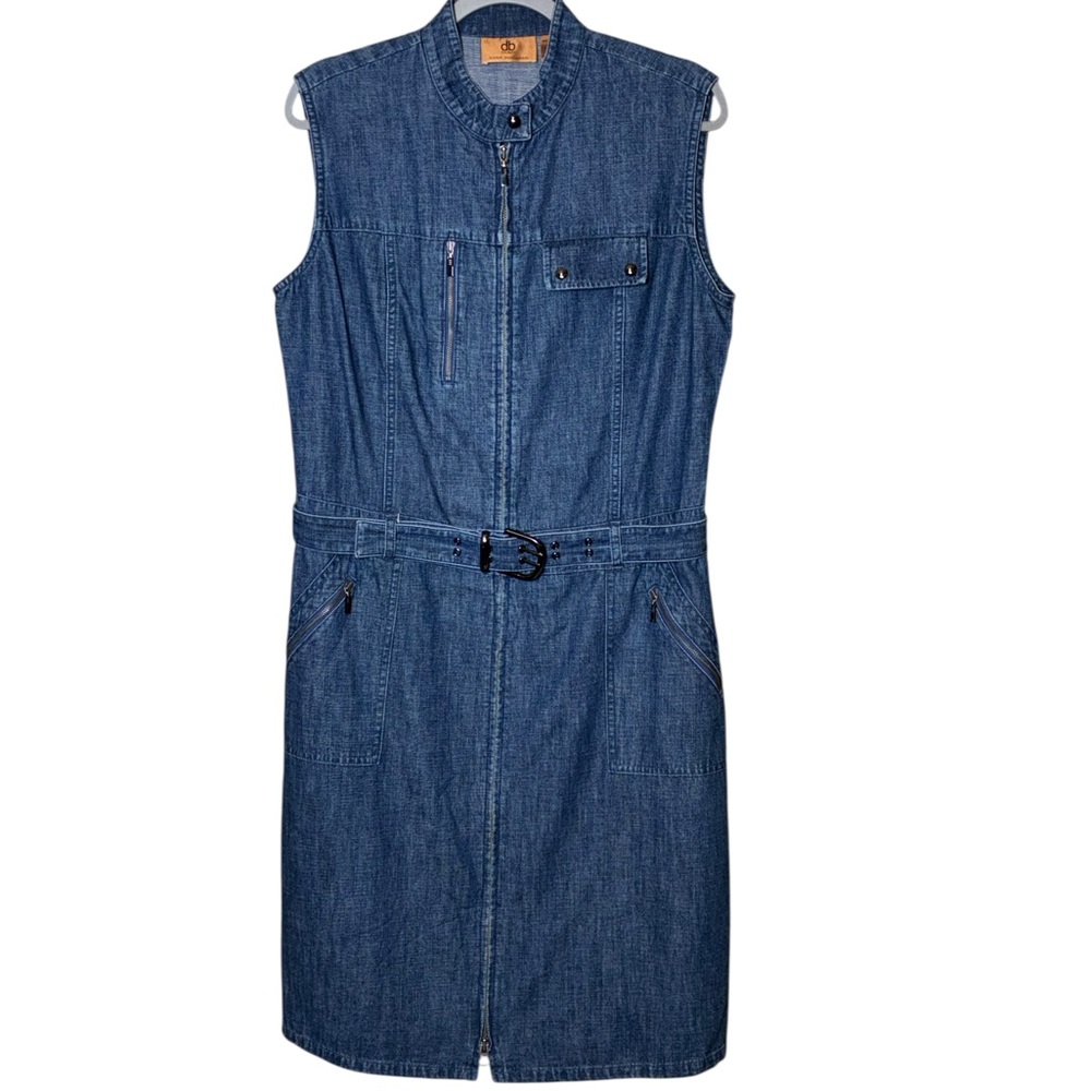 Dana Buchman Sleeveless Blue Cotton Zipper Denim Shift Belt Dress style DQMU3392